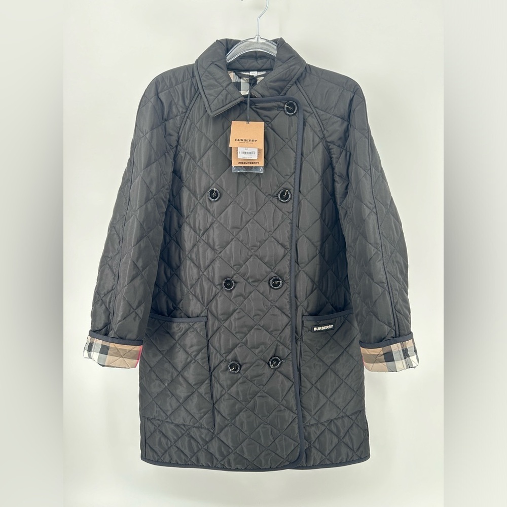 NWT $1350 Burberry Women’s Tything Diamond Quilted Double Coat Black Size M - Picture 7 of 16